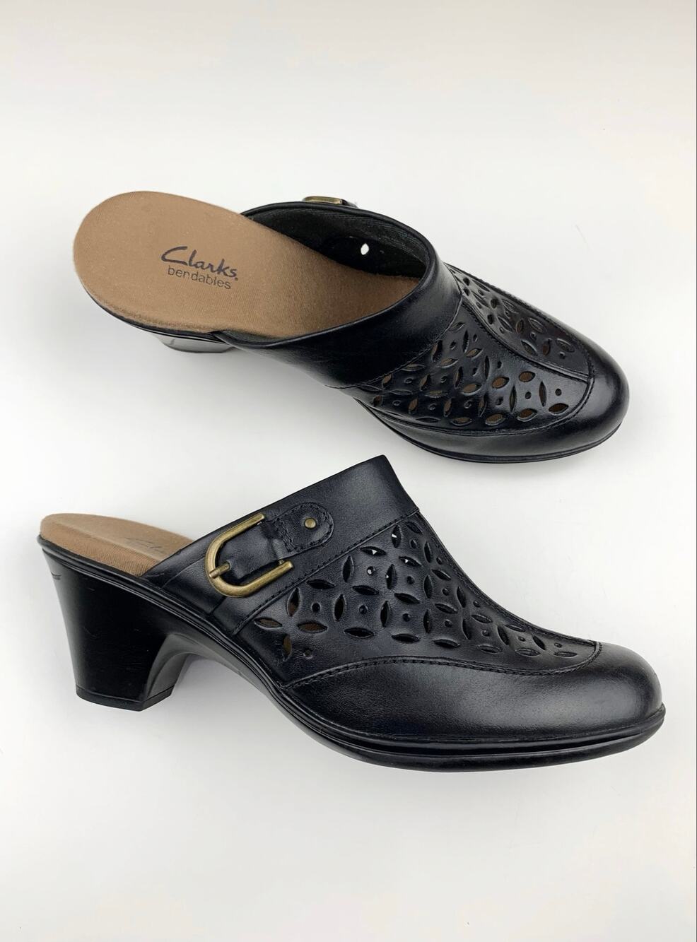 Clarks Bendables Clogs Mules Laser Cut Black Leather Comfort Shoes Women's 7.5